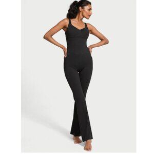 Victorias Secret Black Cross Back Mesh One Piece Athletic Flare Leg Onsie XL NWT